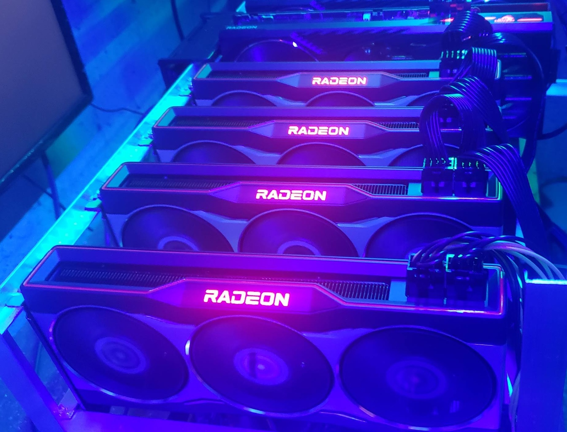 Close-up of mining rig showing GPU array